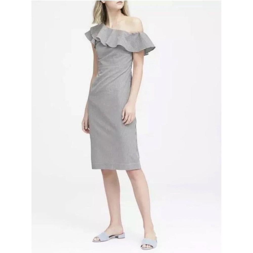 Banana Republic Seersucker One Shoulder Dress Women 4 Ruffle Sheath Midi Wedding